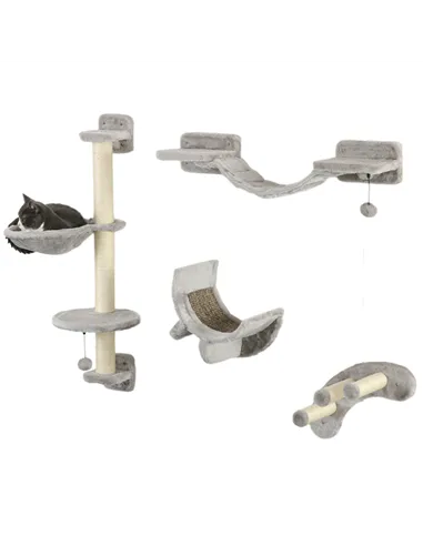 PawHut Four-Piece Cat Wall Furniture, with Hammock, Ladder, Platforms, Steps, for Indoor Use - Grey