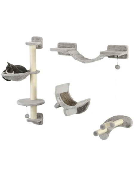 PawHut Four-Piece Cat Wall Furniture, with Hammock, Ladder, Platforms, Steps, for Indoor Use - Grey