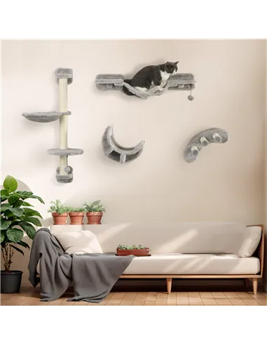 PawHut Four-Piece Cat Wall Furniture, with Hammock, Ladder, Platforms, Steps, for Indoor Use - Grey
