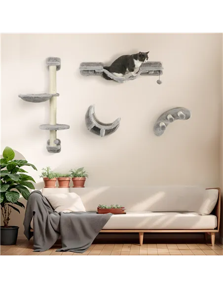 PawHut Four-Piece Cat Wall Furniture, with Hammock, Ladder, Platforms, Steps, for Indoor Use - Grey