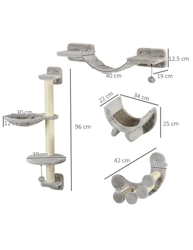 PawHut Four-Piece Cat Wall Furniture, with Hammock, Ladder, Platforms, Steps, for Indoor Use - Grey