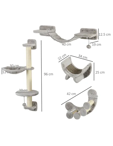 PawHut Four-Piece Cat Wall Furniture, with Hammock, Ladder, Platforms, Steps, for Indoor Use - Grey