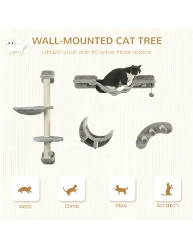 PawHut Four-Piece Cat Wall Furniture, with Hammock, Ladder, Platforms, Steps, for Indoor Use - Grey