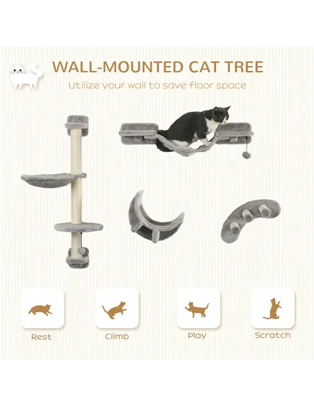 PawHut Four-Piece Cat Wall Furniture, with Hammock, Ladder, Platforms, Steps, for Indoor Use - Grey