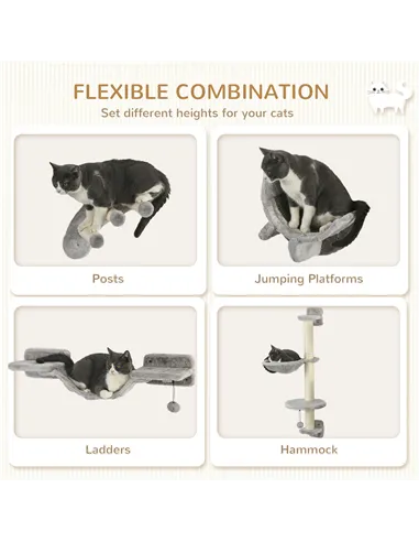 PawHut Four-Piece Cat Wall Furniture, with Hammock, Ladder, Platforms, Steps, for Indoor Use - Grey