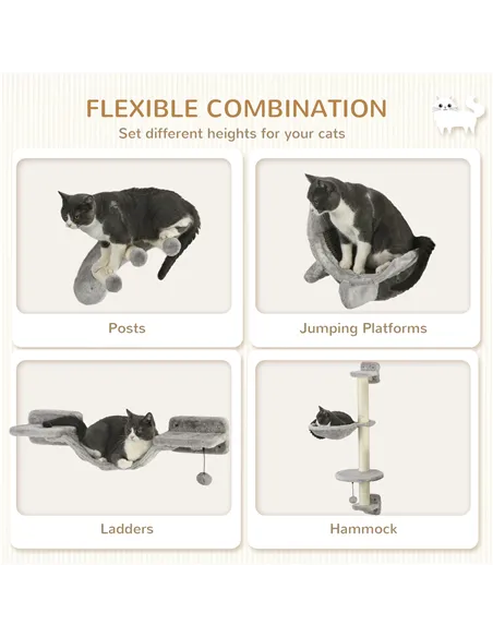 PawHut Four-Piece Cat Wall Furniture, with Hammock, Ladder, Platforms, Steps, for Indoor Use - Grey