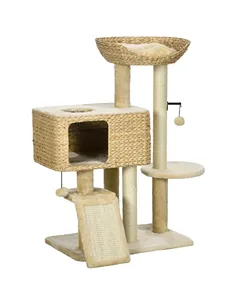 PawHut 95cm Cat Tree Tower for Indoor Cats, with Scratching Post, Cat House, Toy Ball, Platform - Beige