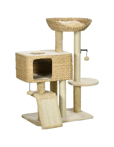 PawHut 95cm Cat Tree Tower for Indoor Cats, with Scratching Post, Cat House, Toy Ball, Platform - Beige