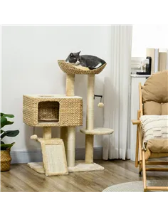 PawHut 95cm Cat Tree Tower for Indoor Cats, with Scratching Post, Cat House, Toy Ball, Platform - Beige 2
