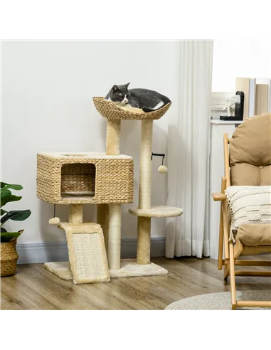 PawHut 95cm Cat Tree Tower for Indoor Cats, with Scratching Post, Cat House, Toy Ball, Platform - Beige