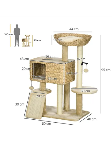 PawHut 95cm Cat Tree Tower for Indoor Cats, with Scratching Post, Cat House, Toy Ball, Platform - Beige