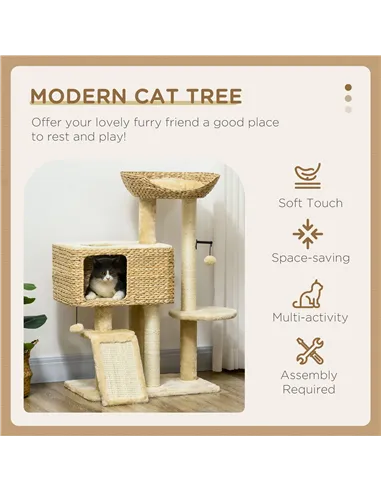 PawHut 95cm Cat Tree Tower for Indoor Cats, with Scratching Post, Cat House, Toy Ball, Platform - Beige