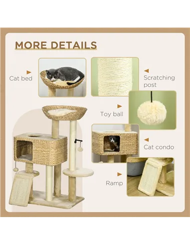 PawHut 95cm Cat Tree Tower for Indoor Cats, with Scratching Post, Cat House, Toy Ball, Platform - Beige