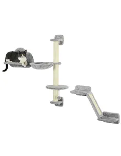 PawHut Three-Piece Wall-Mounted Cat Shelves, with Hammock, Ladder, Platforms, Scratching Post - Grey