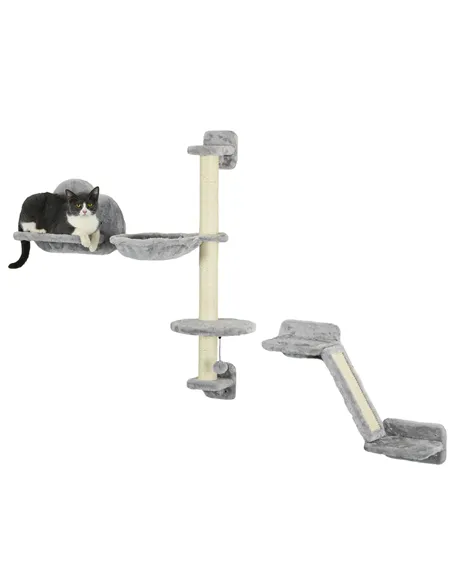 PawHut Three-Piece Wall-Mounted Cat Shelves, with Hammock, Ladder, Platforms, Scratching Post - Grey