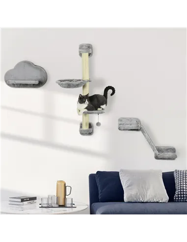 PawHut Three-Piece Wall-Mounted Cat Shelves, with Hammock, Ladder, Platforms, Scratching Post - Grey