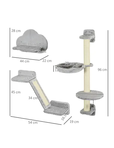 PawHut Three-Piece Wall-Mounted Cat Shelves, with Hammock, Ladder, Platforms, Scratching Post - Grey
