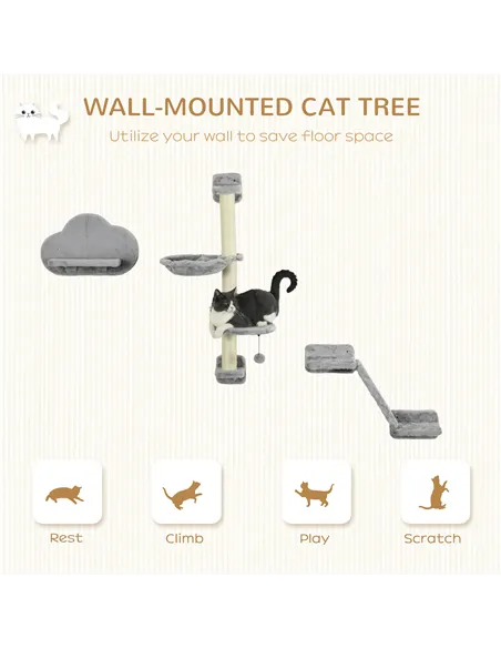 PawHut Three-Piece Wall-Mounted Cat Shelves, with Hammock, Ladder, Platforms, Scratching Post - Grey