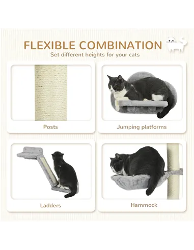 PawHut Three-Piece Wall-Mounted Cat Shelves, with Hammock, Ladder, Platforms, Scratching Post - Grey