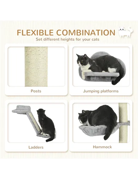 PawHut Three-Piece Wall-Mounted Cat Shelves, with Hammock, Ladder, Platforms, Scratching Post - Grey