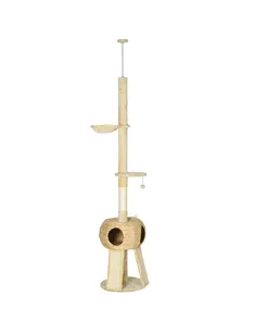 PawHut 255cm Cat Tree Tower for Indoor Cats, with Scratching Post, Cat House, Platform - Beige