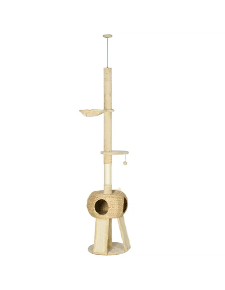 PawHut 255cm Cat Tree Tower for Indoor Cats, with Scratching Post, Cat House, Platform - Beige