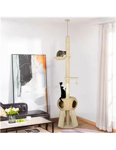 PawHut 255cm Cat Tree Tower for Indoor Cats, with Scratching Post, Cat House, Platform - Beige 2