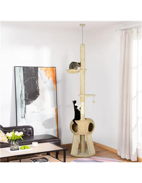 PawHut 255cm Cat Tree Tower for Indoor Cats, with Scratching Post, Cat House, Platform - Beige