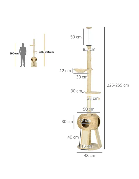 PawHut 255cm Cat Tree Tower for Indoor Cats, with Scratching Post, Cat House, Platform - Beige