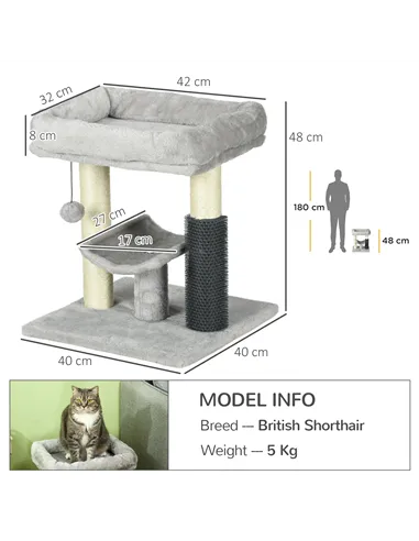 PawHut 48cm Cat Tree with Scratching Posts, Bed, Perch, Self Groomer, Toy - Grey