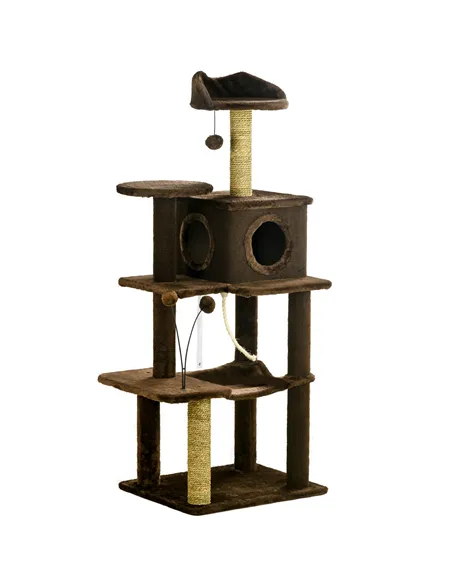 PawHut 136cm Cat Tree for Indoor Cats, Modern Cat Tower with Scratching Posts, house, Platforms, Toy Ball - Brown
