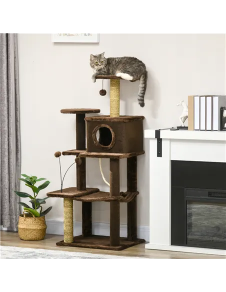 PawHut 136cm Cat Tree for Indoor Cats, Modern Cat Tower with Scratching Posts, house, Platforms, Toy Ball - Brown