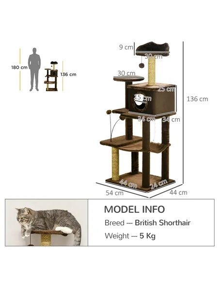 PawHut 136cm Cat Tree for Indoor Cats, Modern Cat Tower with Scratching Posts, house, Platforms, Toy Ball - Brown