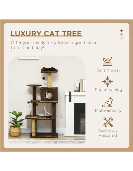 PawHut 136cm Cat Tree for Indoor Cats, Modern Cat Tower with Scratching Posts, house, Platforms, Toy Ball - Brown