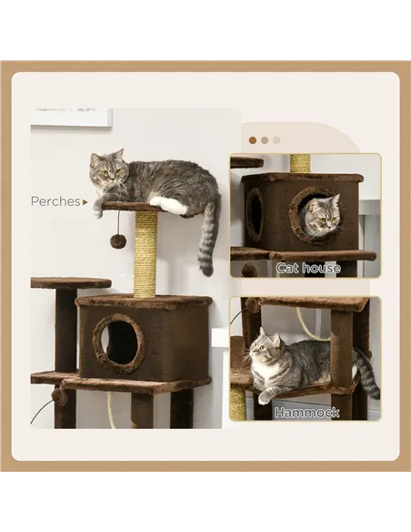 PawHut 136cm Cat Tree for Indoor Cats, Modern Cat Tower with Scratching Posts, house, Platforms, Toy Ball - Brown