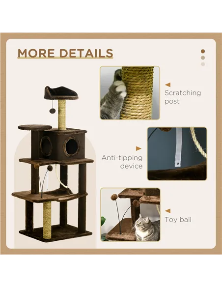 PawHut 136cm Cat Tree for Indoor Cats, Modern Cat Tower with Scratching Posts, house, Platforms, Toy Ball - Brown