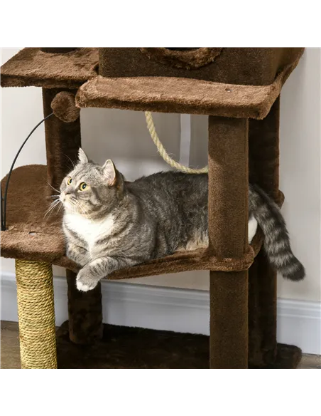 PawHut 136cm Cat Tree for Indoor Cats, Modern Cat Tower with Scratching Posts, house, Platforms, Toy Ball - Brown