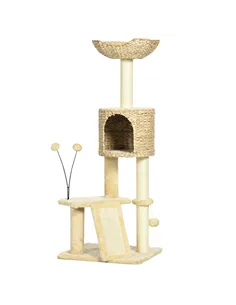 PawHut Cat Tree Tower with Scratching Post, Cat House, Bed, Toy Ball, Platform - Beige