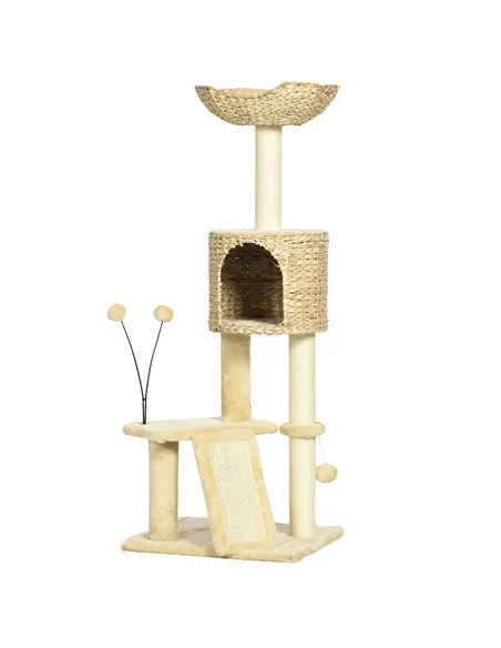 PawHut Cat Tree Tower with Scratching Post, Cat House, Bed, Toy Ball, Platform - Beige