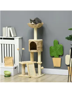 PawHut Cat Tree Tower with Scratching Post, Cat House, Bed, Toy Ball, Platform - Beige 2