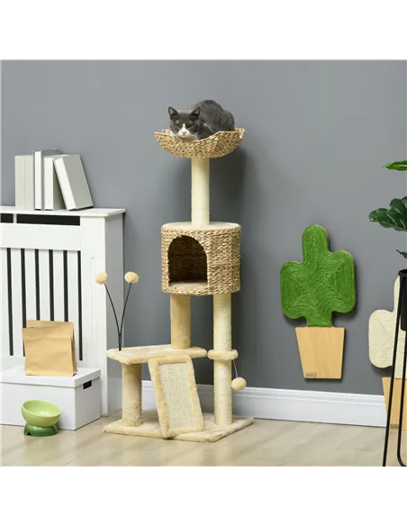 PawHut Cat Tree Tower with Scratching Post, Cat House, Bed, Toy Ball, Platform - Beige
