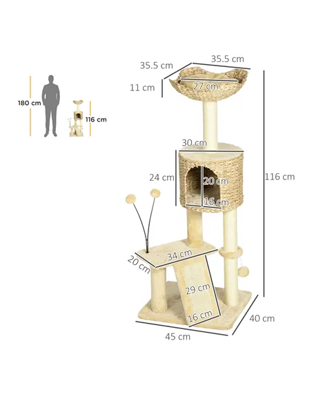 PawHut Cat Tree Tower with Scratching Post, Cat House, Bed, Toy Ball, Platform - Beige
