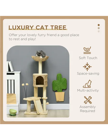 PawHut Cat Tree Tower with Scratching Post, Cat House, Bed, Toy Ball, Platform - Beige