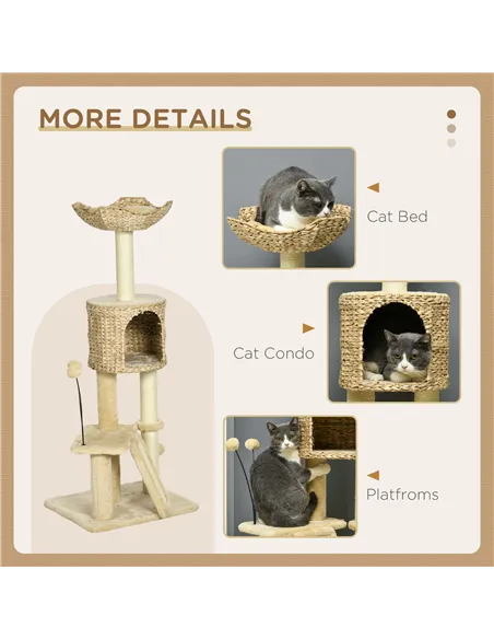 PawHut Cat Tree Tower with Scratching Post, Cat House, Bed, Toy Ball, Platform - Beige