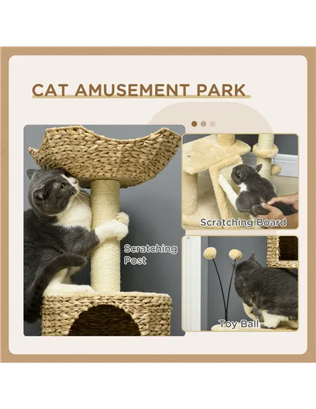 PawHut Cat Tree Tower with Scratching Post, Cat House, Bed, Toy Ball, Platform - Beige