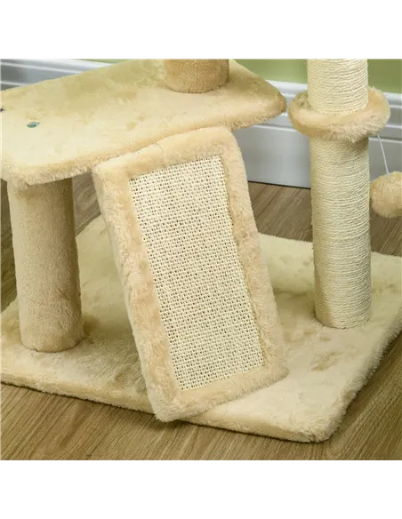 PawHut Cat Tree Tower with Scratching Post, Cat House, Bed, Toy Ball, Platform - Beige