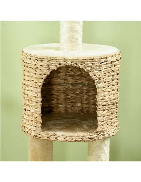 PawHut Cat Tree Tower with Scratching Post, Cat House, Bed, Toy Ball, Platform - Beige