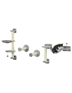PawHut Four-Piece Cat Wall Furniture with Hammock, Perches, Ladder, Scratching Post, Grey