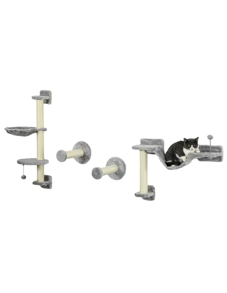 PawHut Four-Piece Cat Wall Furniture with Hammock, Perches, Ladder, Scratching Post, Grey