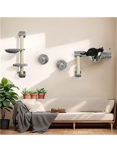 PawHut Four-Piece Cat Wall Furniture with Hammock, Perches, Ladder, Scratching Post, Grey